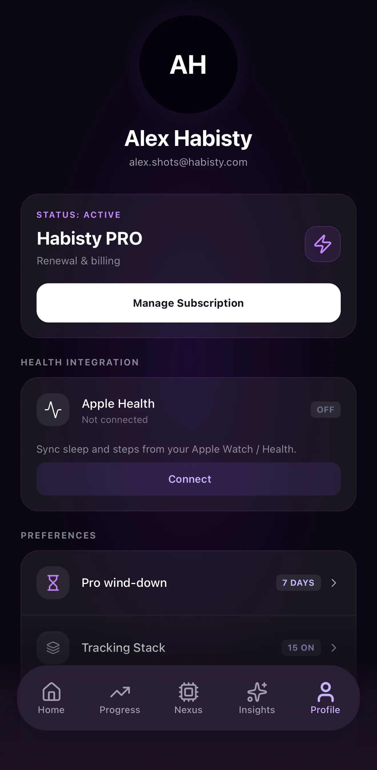 Manage Subscription screen in Habisty